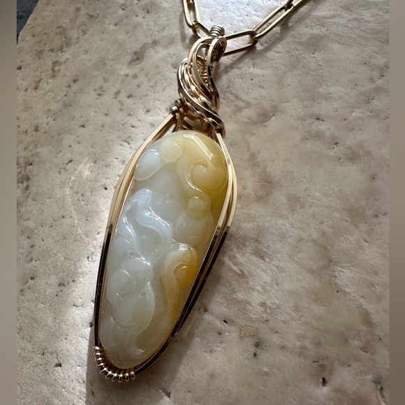 14k Gold Filled Genuine Jade Carved Luck Stone Healing Necklace Pendant - Picture 5 of 9